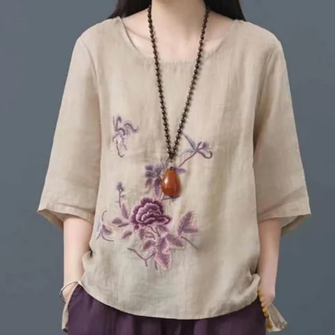 Летняя новая модная Свободная блузка, повседневный удобный пуловер из хлопка и льна с цветочным принтом и коротким рукавом, Женский универсальный топ