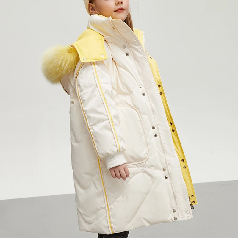 New Children Winter White Duck Down Jacket Fashion Girl Clothing Kid Clothes Thick Parka Fur Hooded Snowsuit Long Outerwear Coat