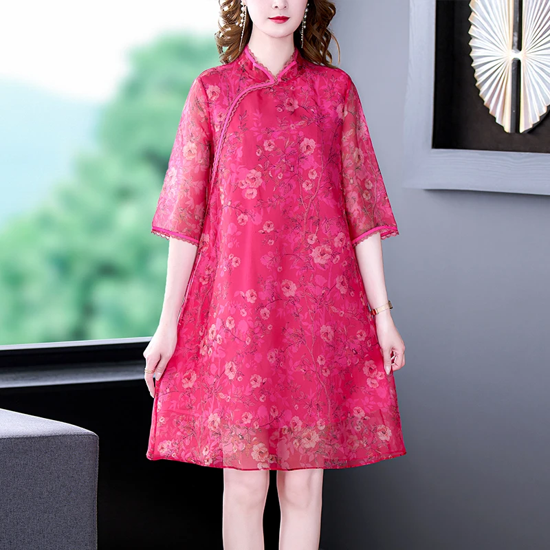 

Women Red Floral Natural Silk Light Midi Dress Summer Fashion Boho Casual Beach Sundress 2023 Korean Elegant Loose Waist Dress