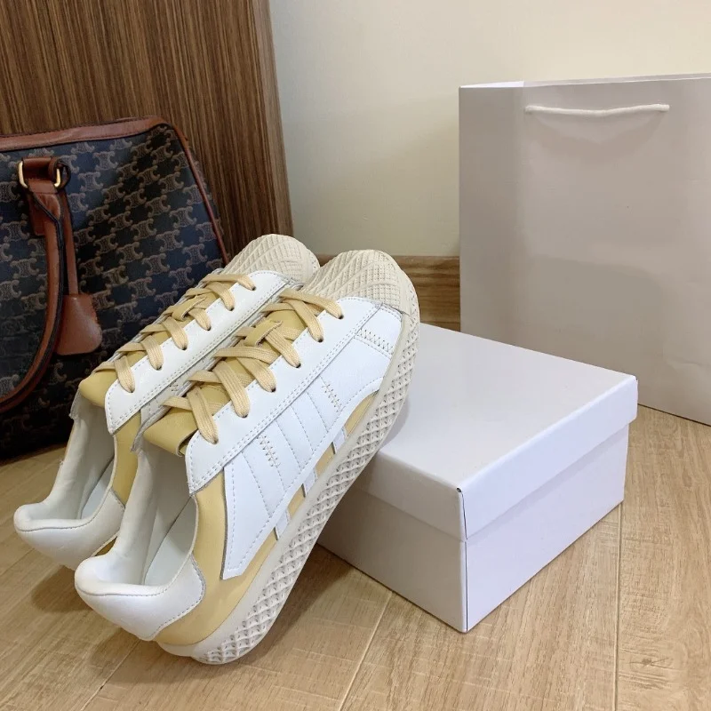 2023 New Shell Casual Versatile Color Matching Lace up Little White Shoes for Women~Round Head Couple Cricket Shoes