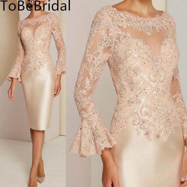 

2022 великолепное платье цвета шампанского с юбкой-годе, женское платье с круглым вырезом и длинным рукавом, украшенное бусинами, для гостей свадьбы, длиной до колена