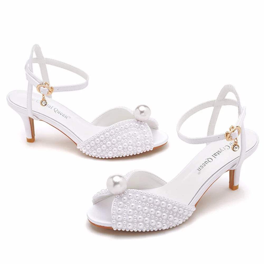 

Pearl Sandals Shallow Mouth Open Toe Comfort Shoes for Women Suit Female Beige High Heels Large Size Buckle Peep Black High-heel