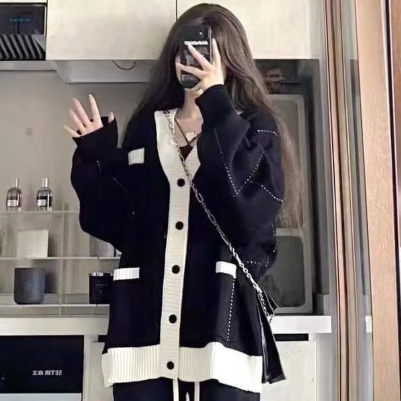 

Deeptown Harajuku Black Knitted Button Cardigan Vintage Preppy Oversized Sweater Women Korean Streetwear Knitwear Autumn Winter