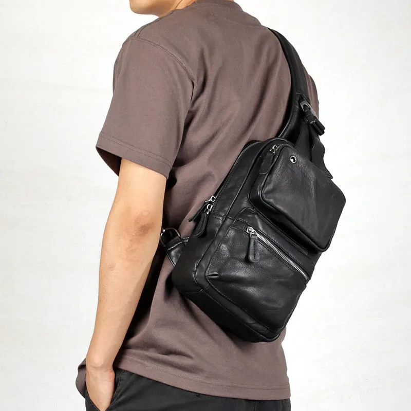 Casual high-quality first-layer cowhide men's black chest bag fashion outdoor luxury natural soft genuine leather crossbody bag