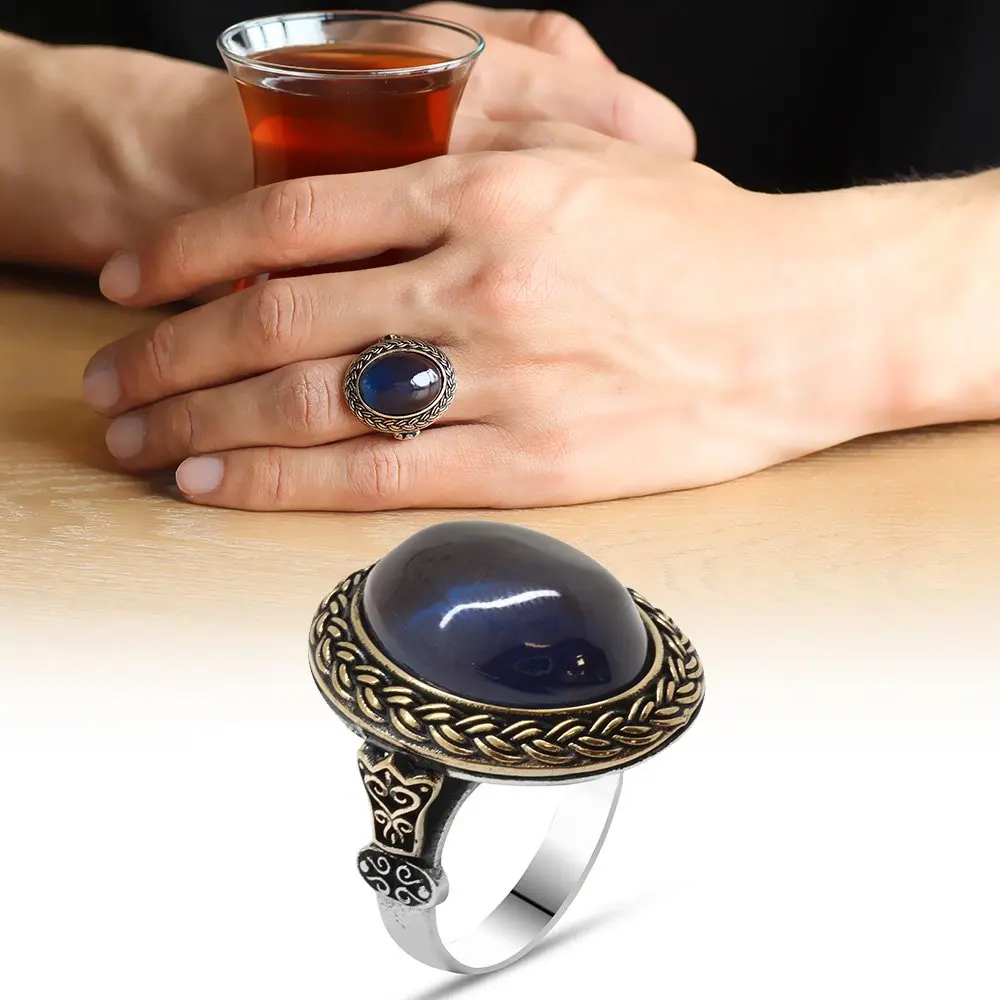

Blue Fire Amber Gemstone Oval Design 925 Sterling Silver Men 'S Ring