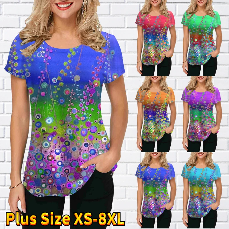 

2022 Summer Women's New 3D Flower Graffiti Print Loose Top Comfortable Fashion Short Sleeve T-Shirt Large Size Female T-shirt