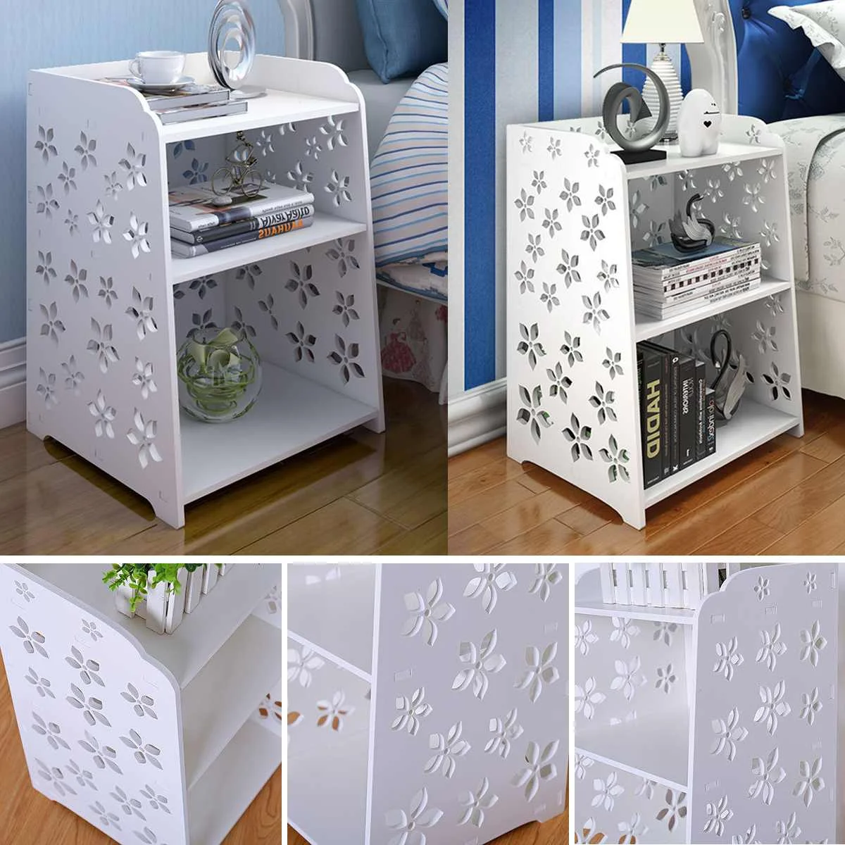 

2 Tiers Fashion Nightstand With Flower Bedside Table Rack Cabinet Organizer Night Stand Storage Baskets Bedroom Furniture