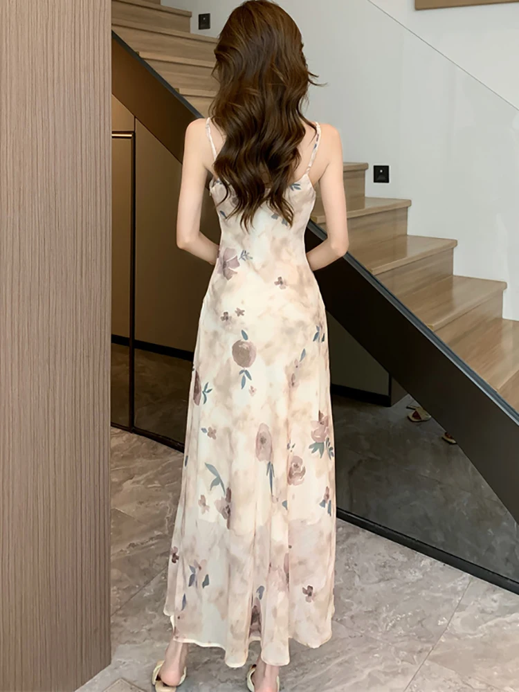 Женское шифоновое платье на бретельках повседневное элегантное длинное