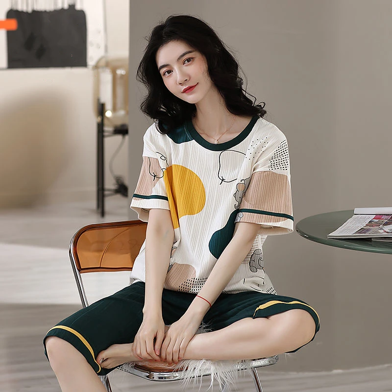 

2022 Summer Women's Home Clothes Japan Style Cartoon Print Pajamas Set Woman 2 Pieces Kawaii Sleepwear Loose Pijama Mujer шорты