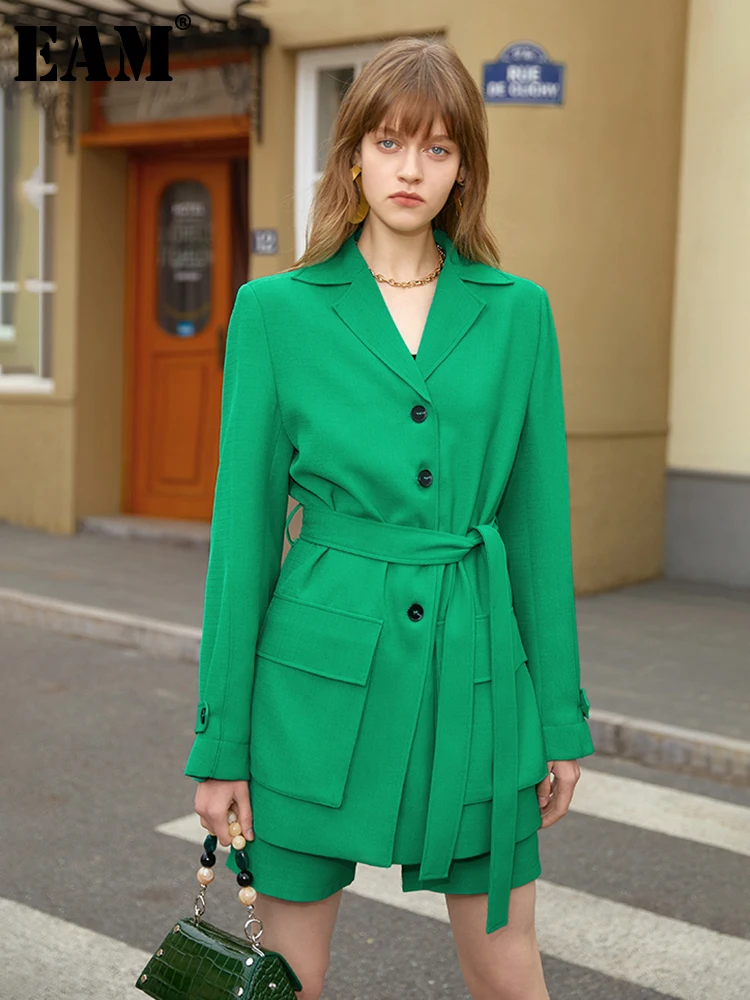 

[EAM] Wide Leg Shorts Big Size Two Piece Suit New Lapel Long Sleeve Green Loose Fit Women Fashion Spring Autumn 2022 1DE7281