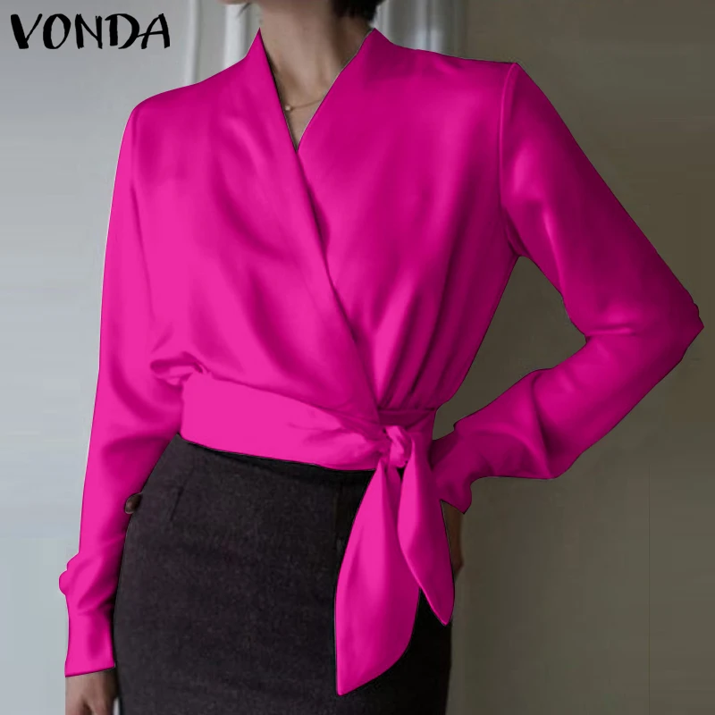 

Модные однотонные атласные топы VONDA элегантные женские майки 2022 с длинным рукавом и V-образным вырезом, туника, повседневные женские блузки ...