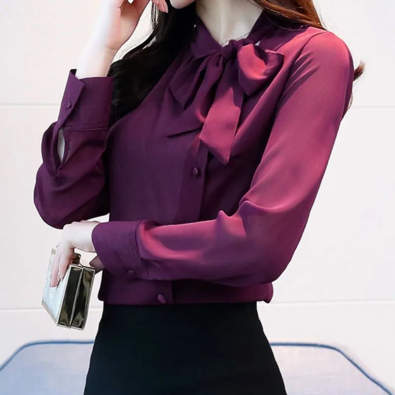 

New 2 Color Women Bow Neck Long-sleeved Chiffon T-shirts Autumn Spring Ladies Fashion Solid Color Elegant Office Formal Tops