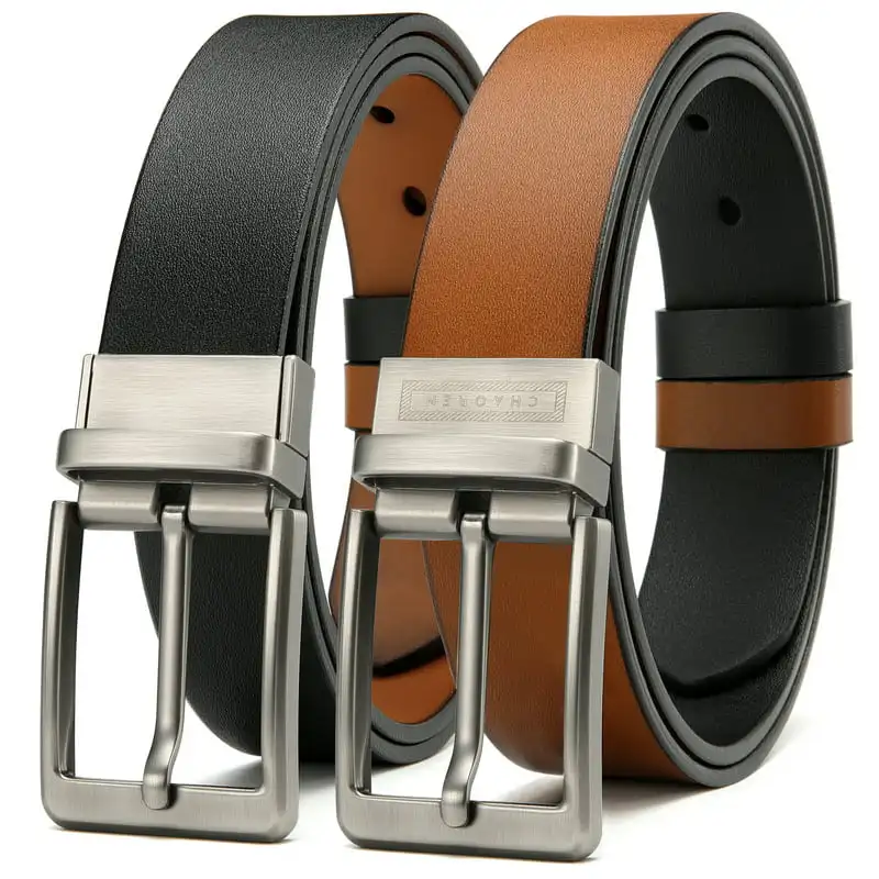 Belt for Men,  Leather Jeans Belt 1 3/8" Black & Brown, Adjustable Trim to Fit