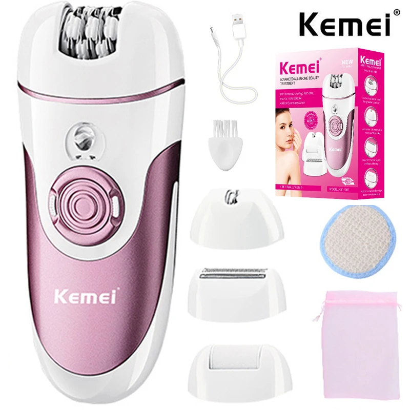 

Эпилятор Kemei 4 в 1, электрический прибор для удаления волос, Дамский депилятор, инструмент для ухода за ногами, перезаряжаемая бритва для женщин