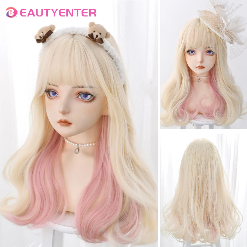 

BEAUTYENTER Synthetic Wig Blonde Deep Curly Wig With Bangs For Women Long Pink Hair Layered Heat Resistant Cosplay Party