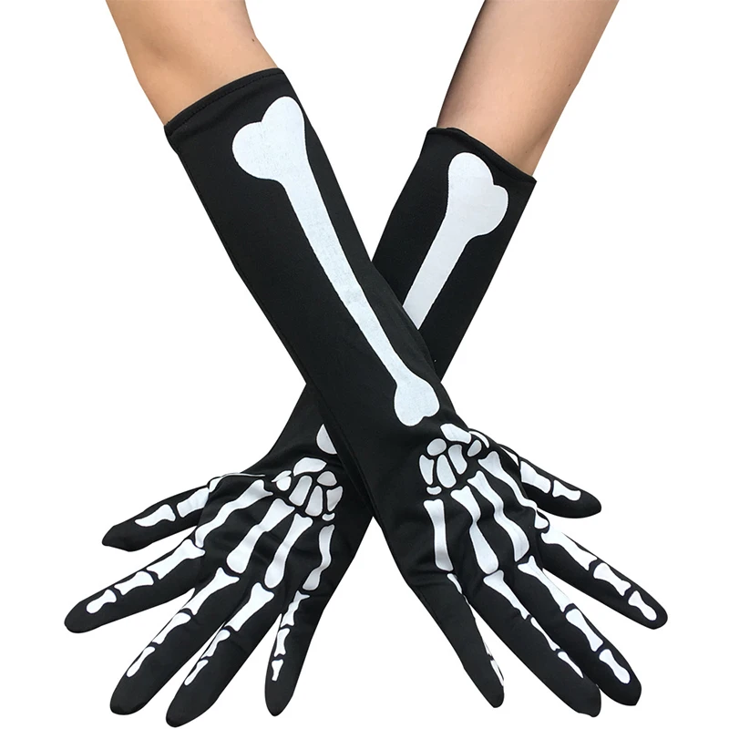 

1Pair Punk Gothic Style Skeleton Skull Long Gloves Black Full Fingers Skull Mittens Halloween Party Cosplay Horror Skull Gloves