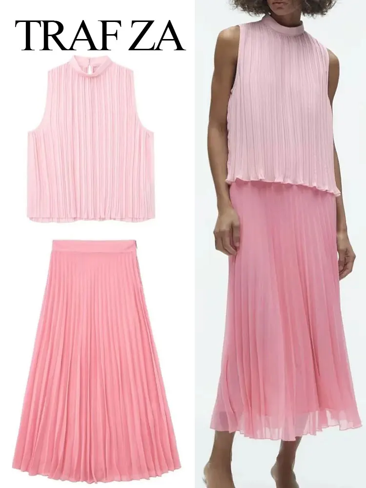 

TRAFZA Women Pink Skirt Sets Chiffon Blouses Sleeveless Crop Tops + High Waist Pleated Midi Skirts Elegant Female Streetwear