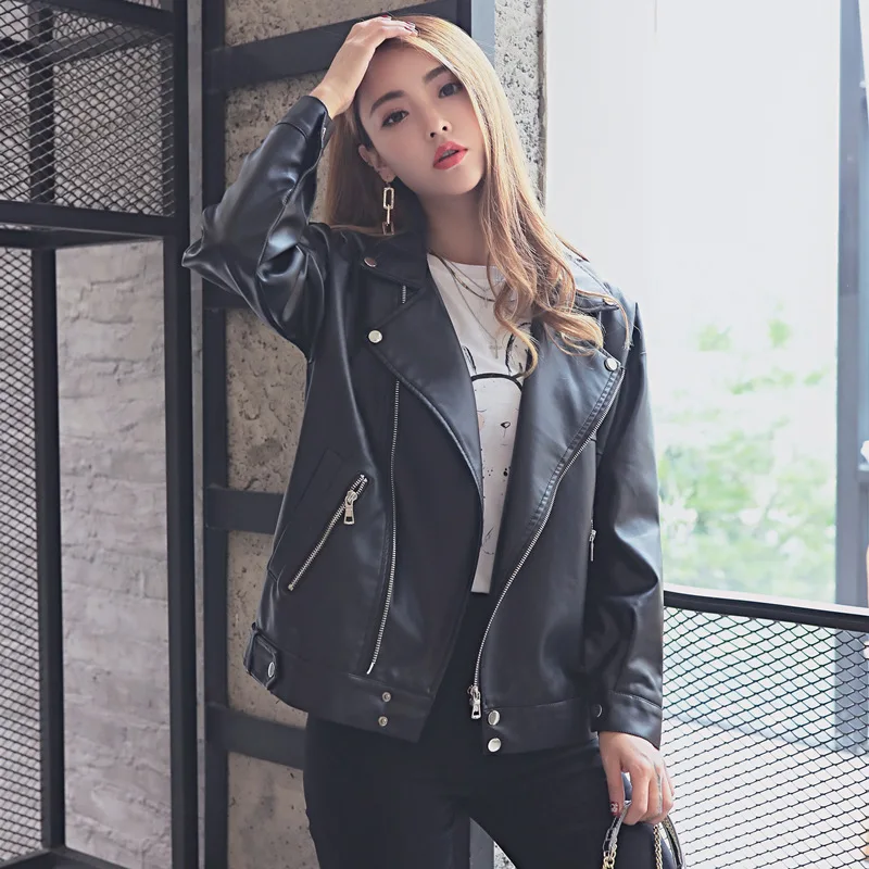 Autumn Winter Black Leather Women's Korean Women's Loose Leather Short Coat Student Motorcycle Jacket Pu Leather Jacket Coat