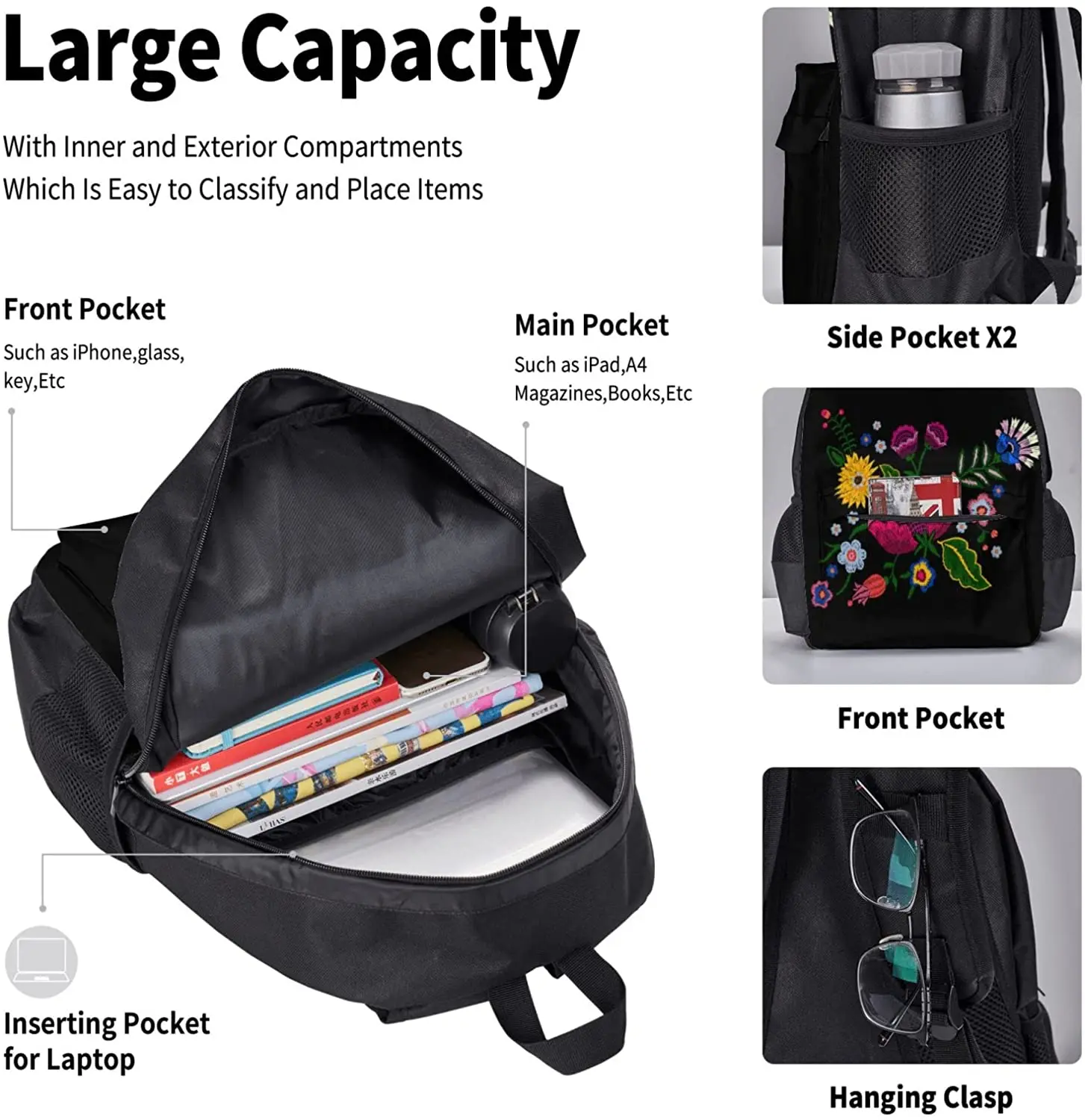 Flowers Beauty Fashion Mexican Schoolbag Travel Bag Casual Daypack Lunch Bag Pencil Case for Boys Teens Girls 3pcs Sets