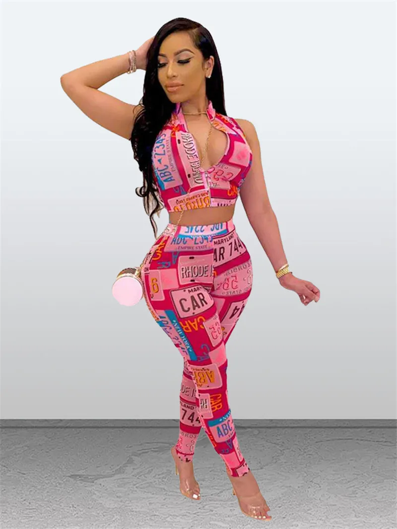 

2 Two Piece Set 2022 Printed Zip Up Crop Top Fashion Streetwear High Waist Pencil Pants Sexy Nightclub Pants Sets Outfits