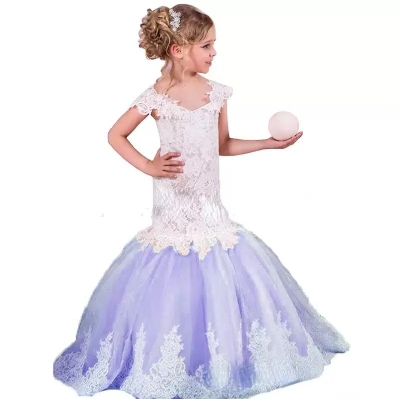 

Mermaid Lace Flower Girl Dresses Slim Appliques Off The Shoulder Boho Kids Party Wedding Bridesmaid Dress