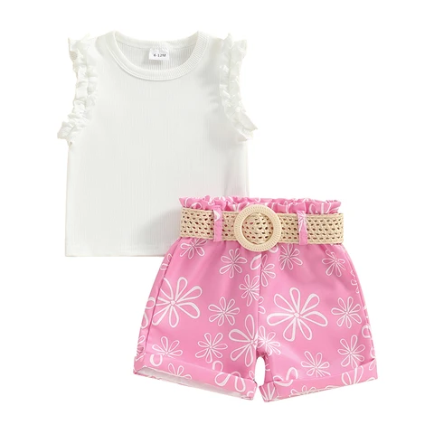 Летняя одежда из 2 предметов для маленьких девочек, топ без рукавов с оборками и шорты с цветочным принтом, милая одежда с поясом