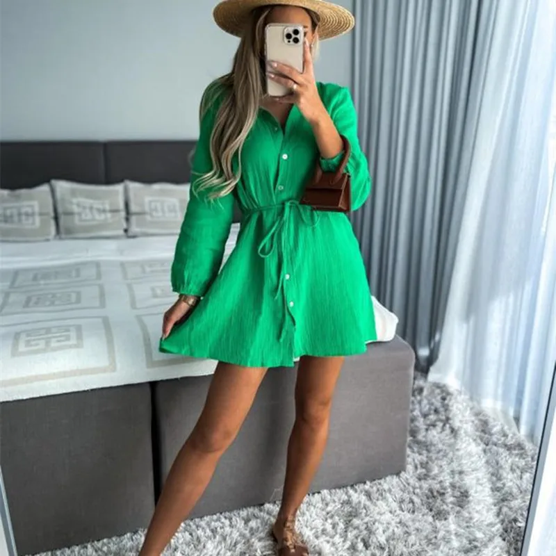 

Bodycon Loose Mini Dress Green Summer Polo Neck Women Long Sleeve Pleated Shirt Office Ladies Solid Lapel Casual Vintage Vestido