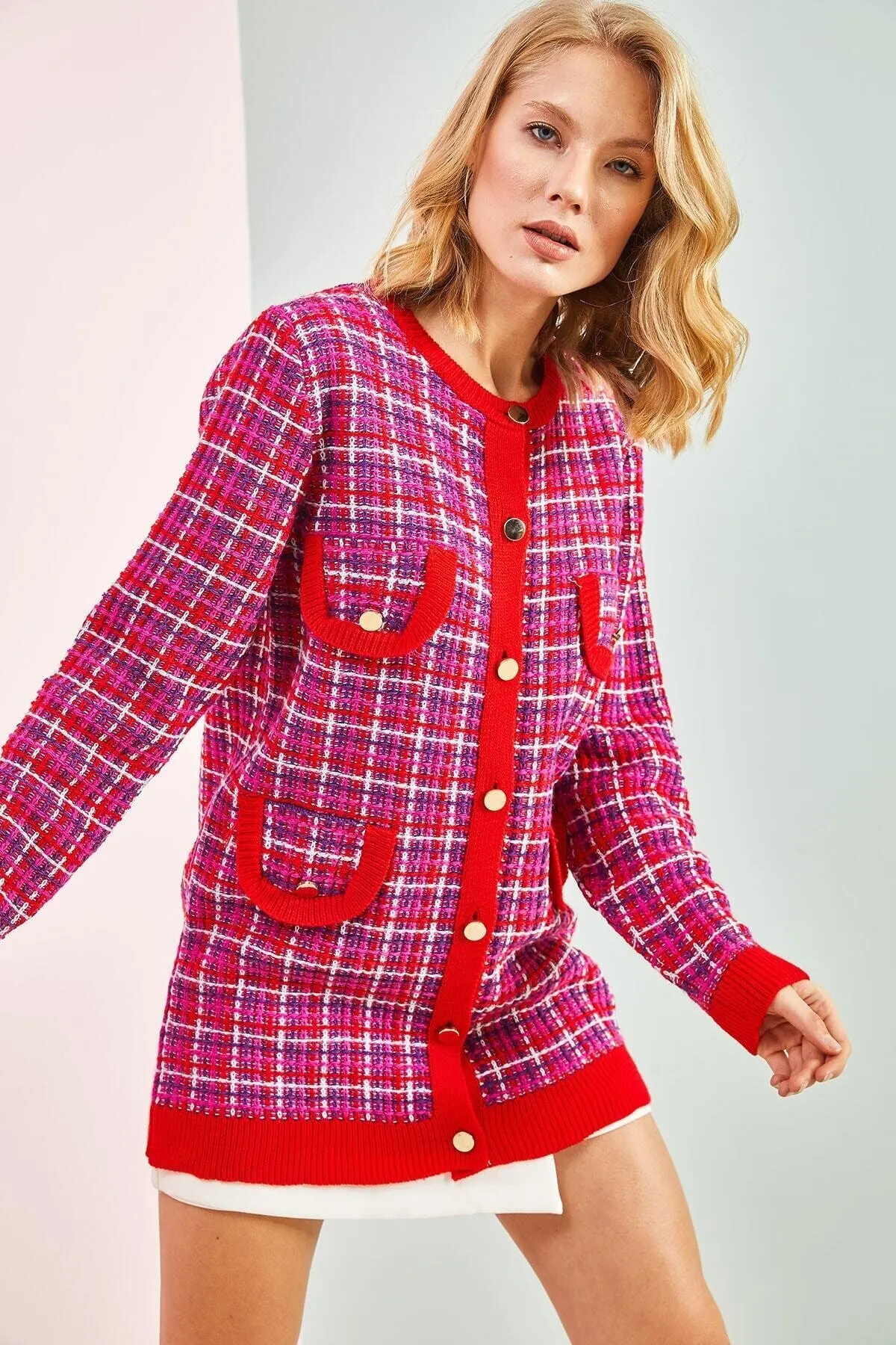 

Women's Cardigan Pocket Detailed Plaid sportswear Casual Knitted Quality Fashion Cardigan Sweaters Loose Sweater Sweater Sweater Sweater