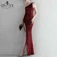 one shoulder burgundy evening dresses sequin sexy prom gown glitter open split formal party backless women fashion prom dress