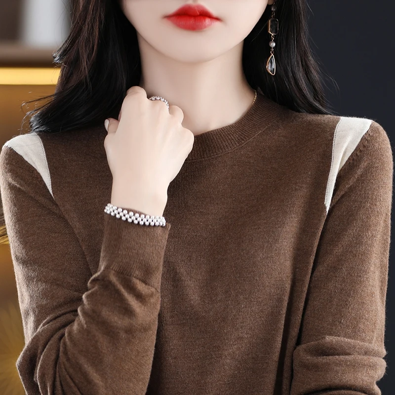 Женский трикотажный шерстяной свитер контрастный тонкий с круглым вырезом