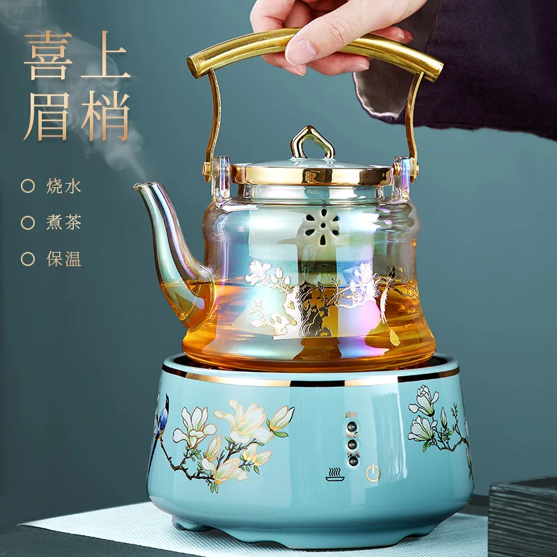 

Чайник стеклянный с металлической ручкой, бытовой набор для приготовления чая и цветов, керамика, чайник, плита, цветной чай фу кунг