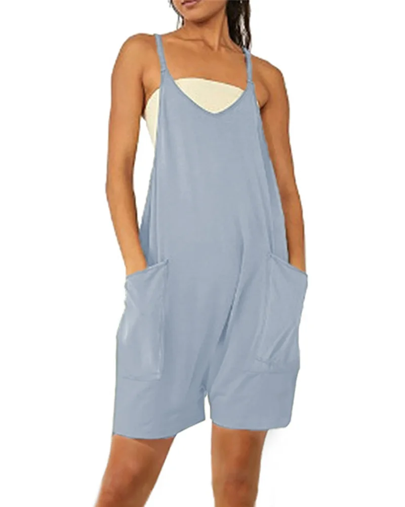 Women Playsuits Rompers Summer New Vintage Solid Strappy Pockets One Piece Outfit Homewear Female Casual Loose Shorts Jumpsuits