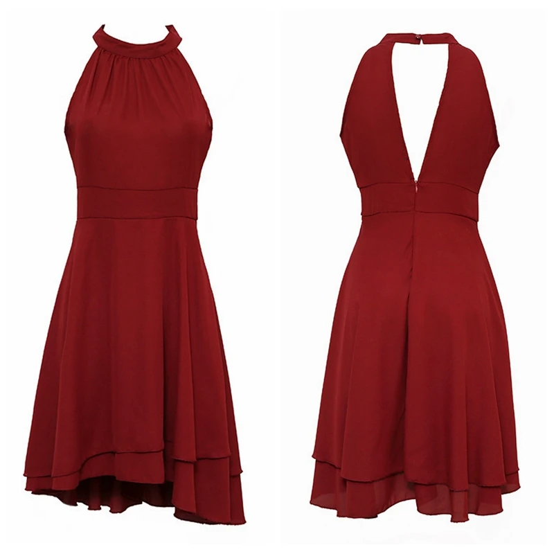 2022 NEW Women's Elegant Halter Sleeveless Cropped Layered Midi Summer Chiffon Solid Color High Waist Slim-Fit Party Dresses