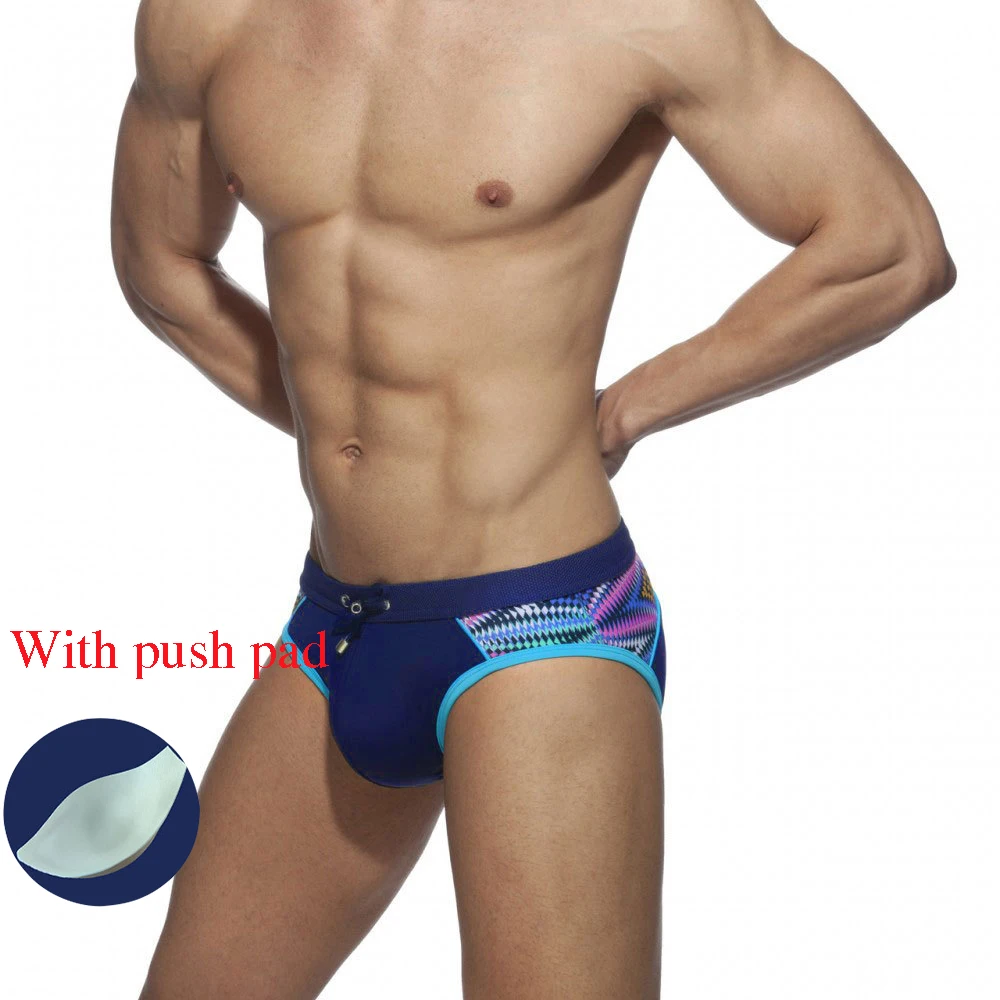 

New Men's Patchwork Print Swim Shorts Men's Sexy Lace-Up Stretch Beach Briefs Quick Dry Swim Beach Resort Shorts With Push Pad