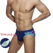 New Men's Patchwork Print Swim Shorts Men's Sexy Lace-Up Stretch Beach Briefs Quick Dry Swim Beach Resort Shorts With Push Pad