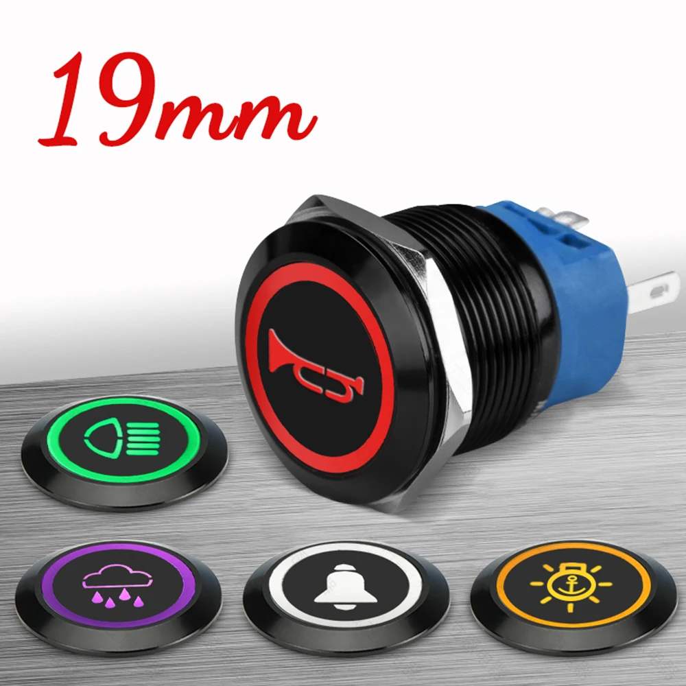 

19mm Black Shell Customization Oxide Black Plating Push Symbols Button Switch 12V Car Boat Modified Latching/Momentary Fan Light
