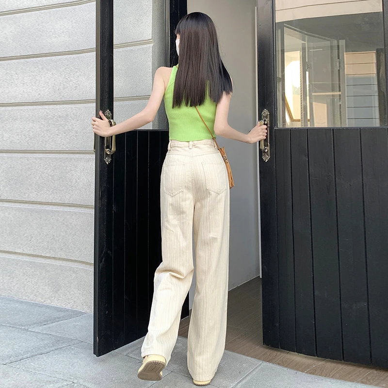 Jeans Women's 2023 New Long Pants Autumn and Winter High Street Stripes Off White Wide Leg Pants Versatile Straight Fit