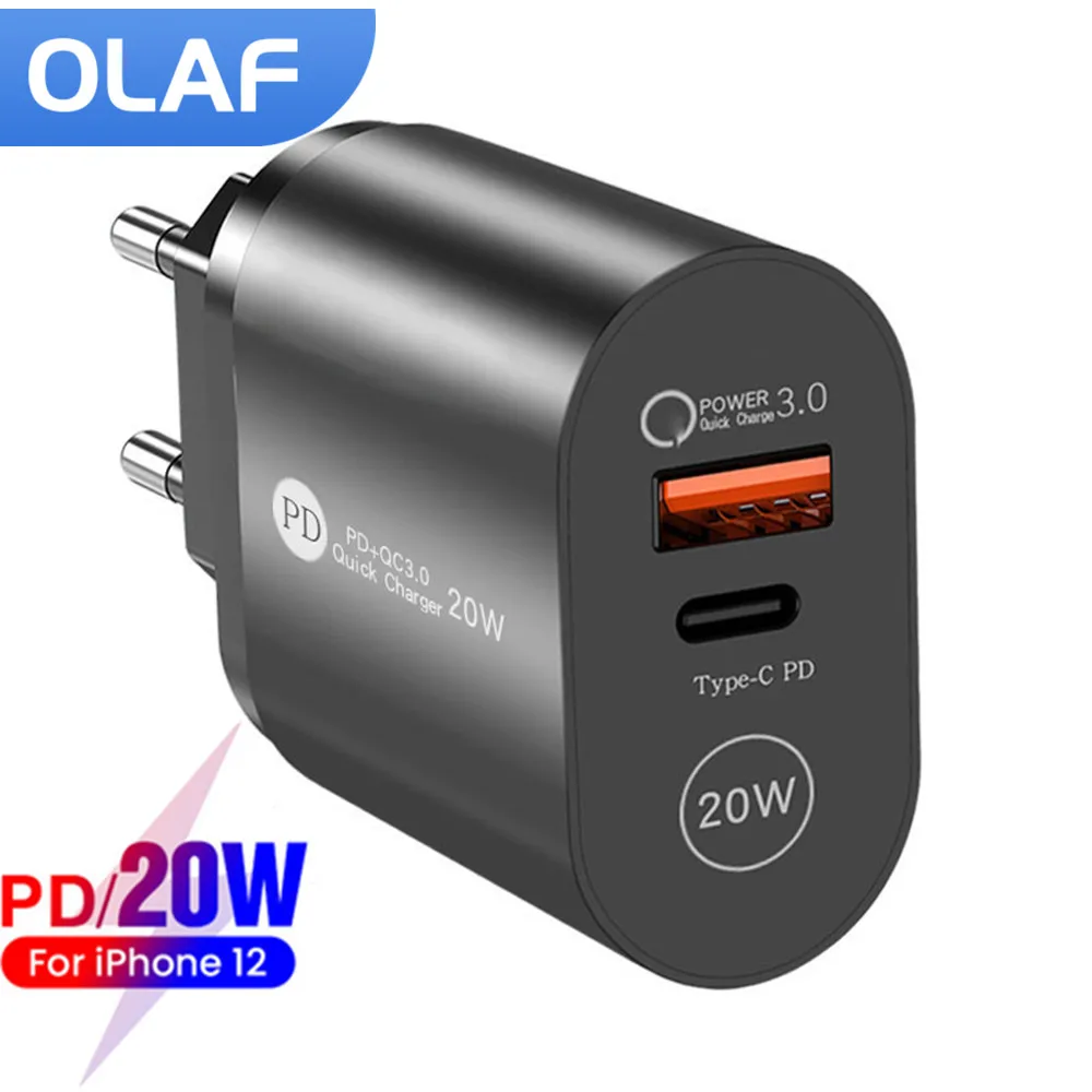 

Olaf USB Type C PD быстрое зарядное устройство 20 Вт QC PD 3,0 двойной порт портативный адаптер для IPhone 13 12 IPad Xiaomi быстрое зарядное устройство для телефо...