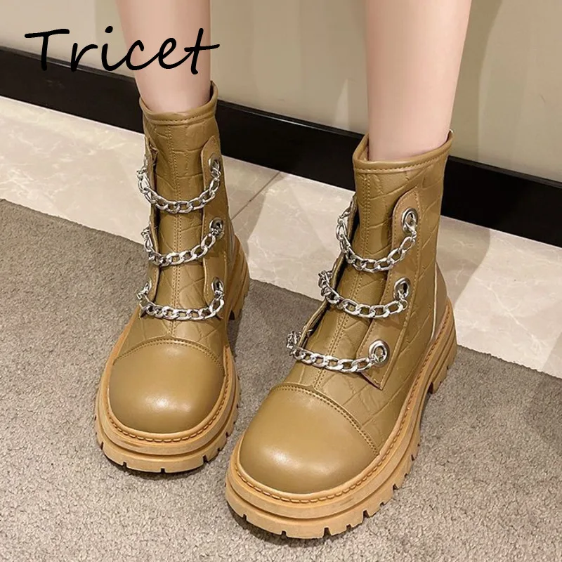 

2022 New Women Motorcycle Boots Fashion Casual Ladies Chain Short Boots Platform Chunky-Heeled Female Ankle Boots Solid Footwear
