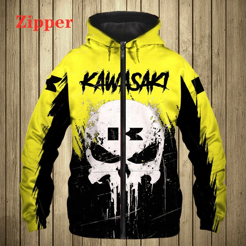 

Moletom com capuz masculino punisher e kawasaki logotipo 3d impressão digital zíper hoodies moletom pulôver motocicleta