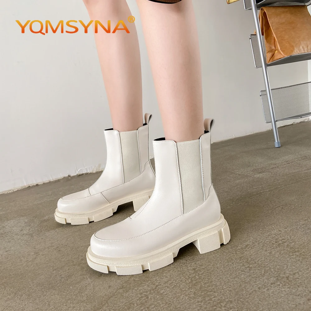 

YQMSYNA Fashion Street Style Women's Shoes Thick Soled Round Toe Genuine Leather Chelsea Boots Solid Flat With Ankle Boots AS21