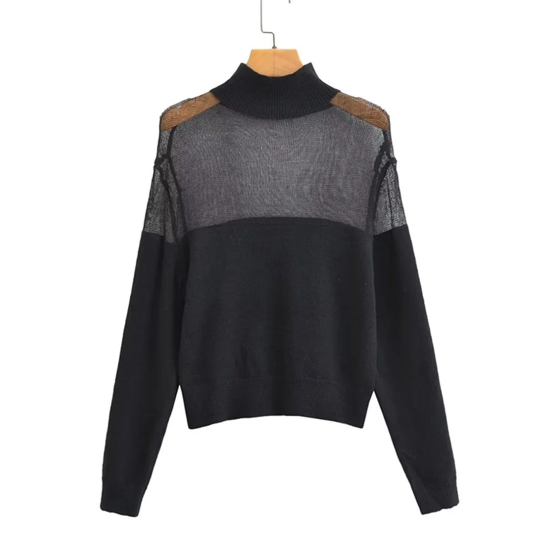 

Jenny&Dave England Style Fashion Splicing Perspective Stand Neck Black Knitwear Casual Sweaters Women