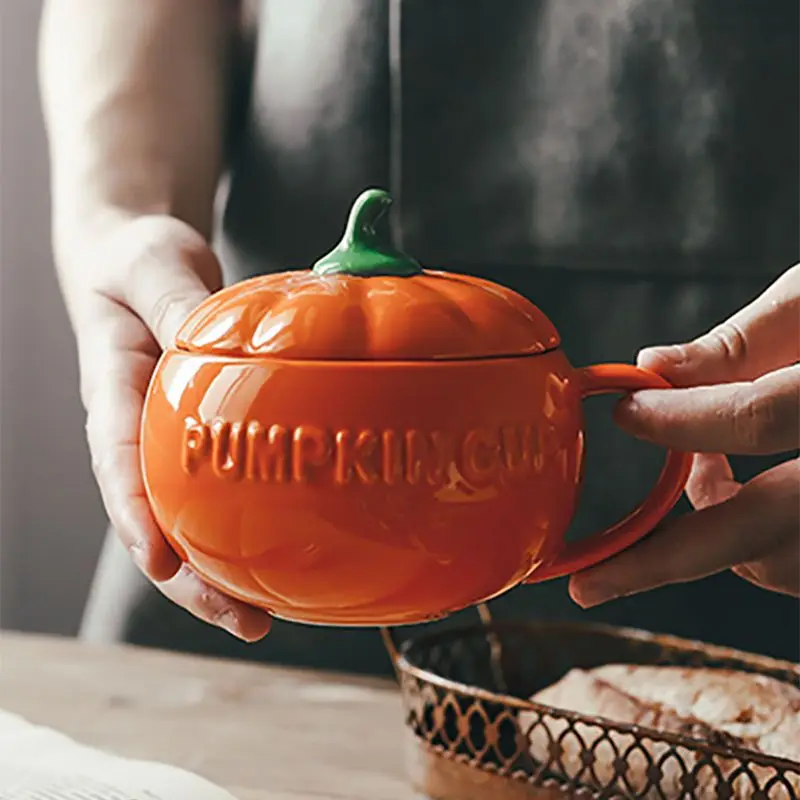 Pumpkin Creative Water Cup Ceramic Thermos Cup with Lid Exquisite Breakfast Oatmeal Cup Heat-insulating Scalding-proof Milk Cup