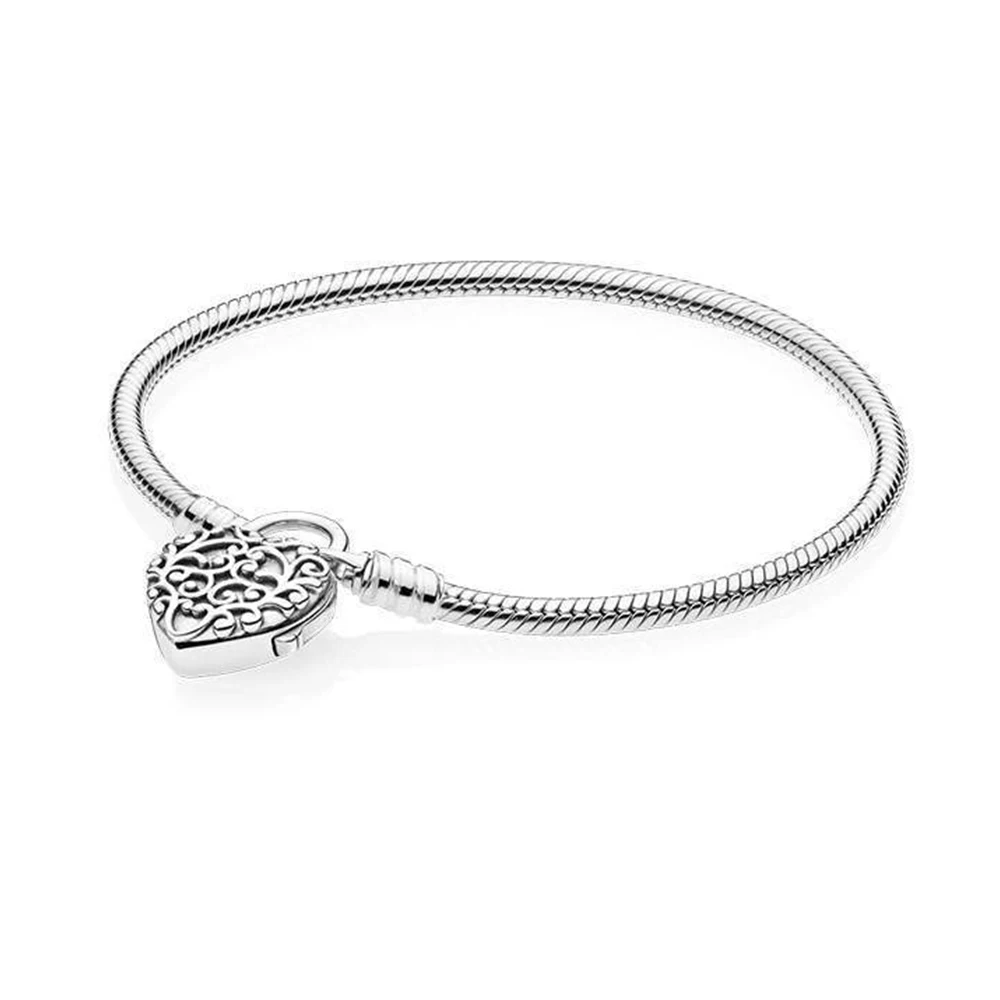 

Sparkling Heart Lock Clasp Snake Chain Bracelet 925 Silver Fit for Pandora Original Making DIY Luxury Party Woman Jewelry Gift
