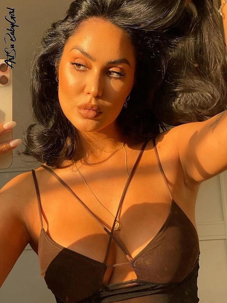 

Mesh Top Women Criss Cami Top Sexy Brown Corset Top Solid Backless Crop Top Party Club Outfits Streetwear Slim Cut Out Tops
