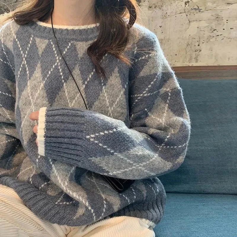 

Женский вязаный свитер, модные пуловеры большого размера, зимний свободный свитер с узором ромбиками, женский джемпер в Корейском стиле для колледжа, женский свитер