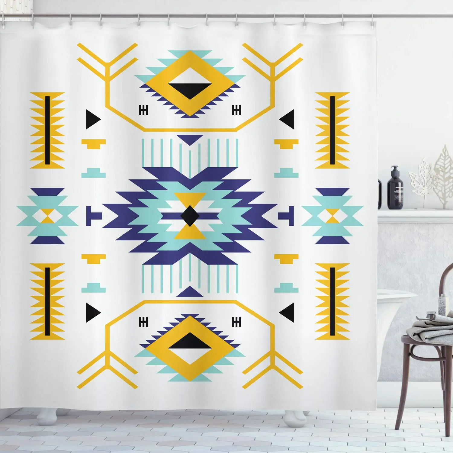 

Curtain,Ethnic Motifs Illustration of A Zigzags Design Drawing Printed Art for Bath,Southwestern Shower Fabric Bathroom Set,Hook