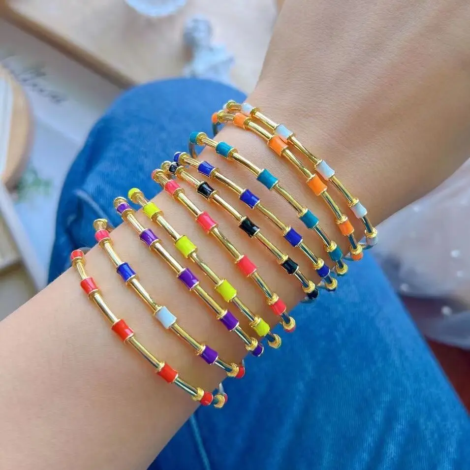 

5Pcs 18K Gold Plated Enamel Cuff Bangle Colorful Fashion Simple Women Girl Lovely Popular Open Bangles Jewelry Gifts