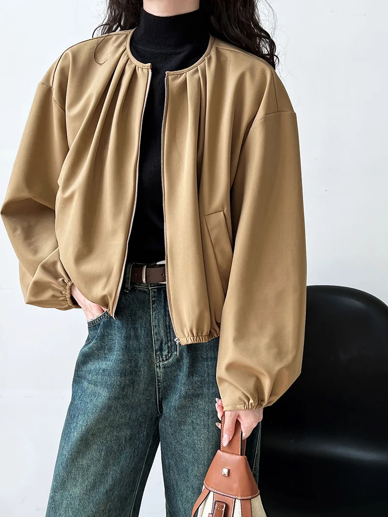 

Осень 2023, Новое поступление, винтажный однотонный жакет на молнии с круглым вырезом для женщин, с длинным рукавом, свободный крой, короткий кардиган, пальто