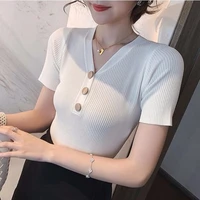 summer new v neck short sleeve knitted t shirt womens button slim fitting short bottomed shirt thinfenhonglan 326a 805 7